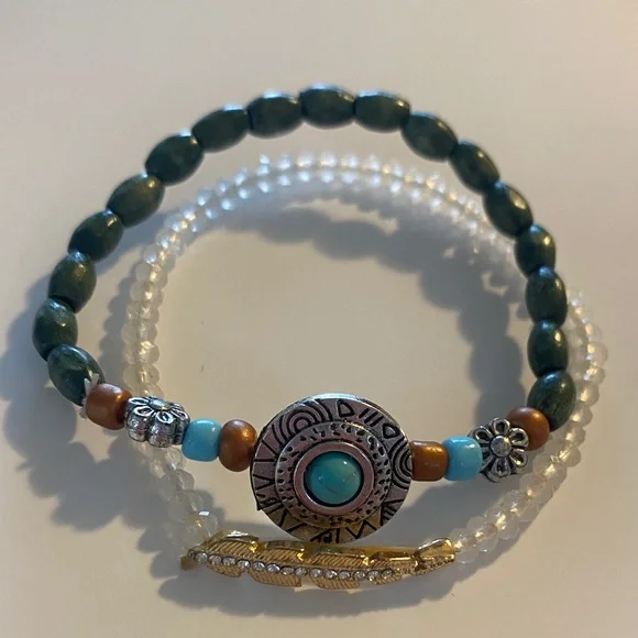 Bohemian paired Beaded Bracelet Set of 2 with Turquoise color and Gold Accents - Picture 1 of 4